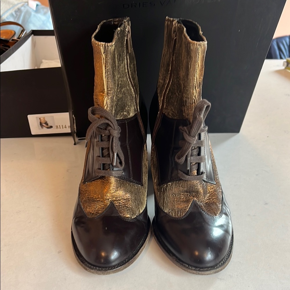 Dries Van Noten Brown and Gold Leather Boots - Picture 8 of 9